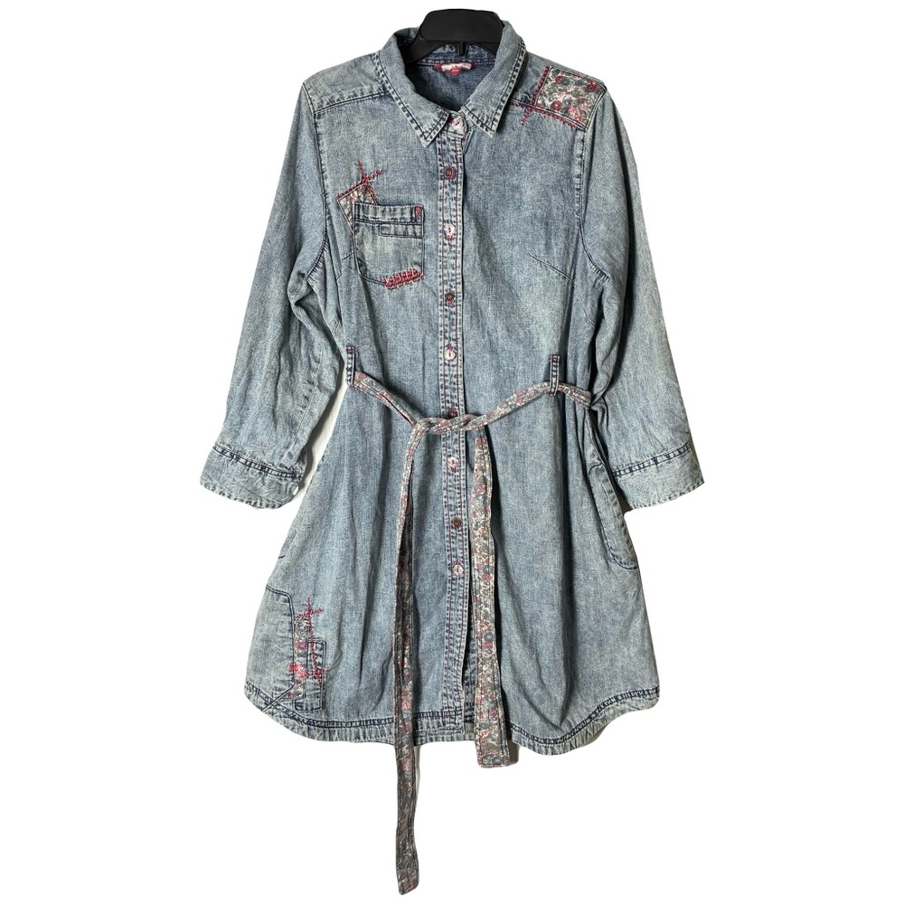 Joe Browns Dress US 14 Chambray Denim Belted Shirt Floral Accents Patchwork